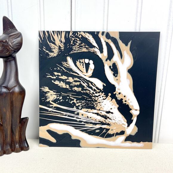 Cat Silhouette Wall Art: Textured Realistic Feline Print, 7.5in Square - Picture 1 of 9
